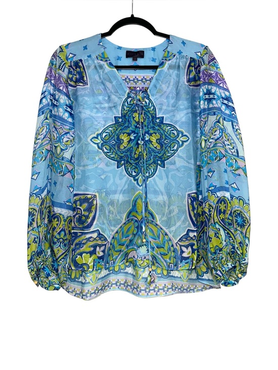 Hale Bob Tops - Hale Bob Silk Paisley Print Blue Long Sleeve Peasant Blouse SMALL